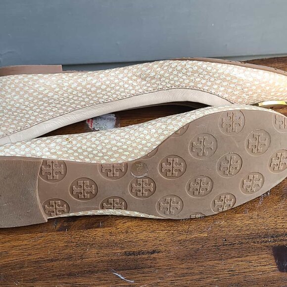 Tory Burch Reva Tan White Polka Dot Leather Flats with Logo size 7 1/2 - Picture 2 of 13